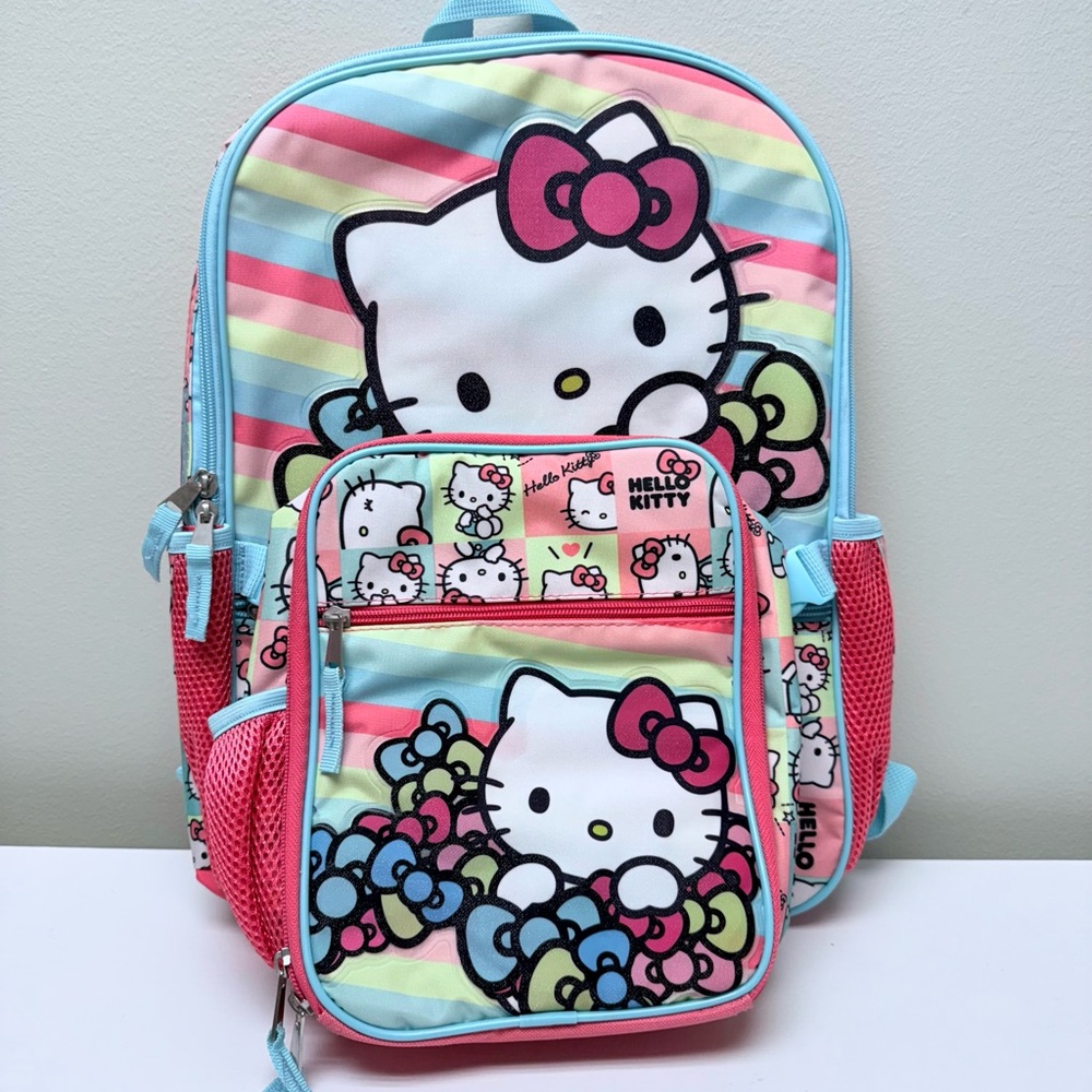 New! Sanrio Hello Kitty Rainbow Striped Backpack & Matching Attached Lunch Bag